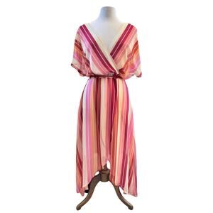 Luxology Pink Dress Striped Chiffon Faux Wrap sz 10  Back zipper